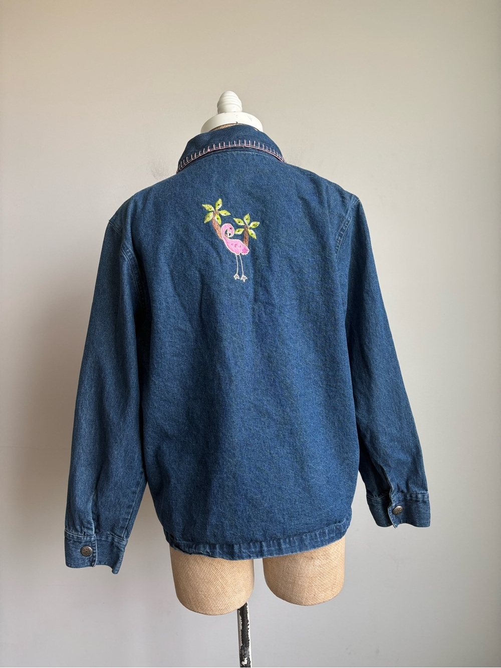 Sara Studio Flamingo Embroidered Denim Jacket Beaded Tropical Shirt Jacket Large - Picture 7 of 11